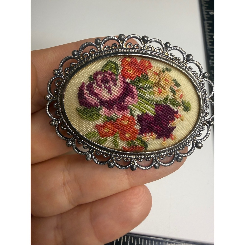 Vintage Austria Petit Point Floral Brooch Silver Tone Filigree Needlepoint Pin